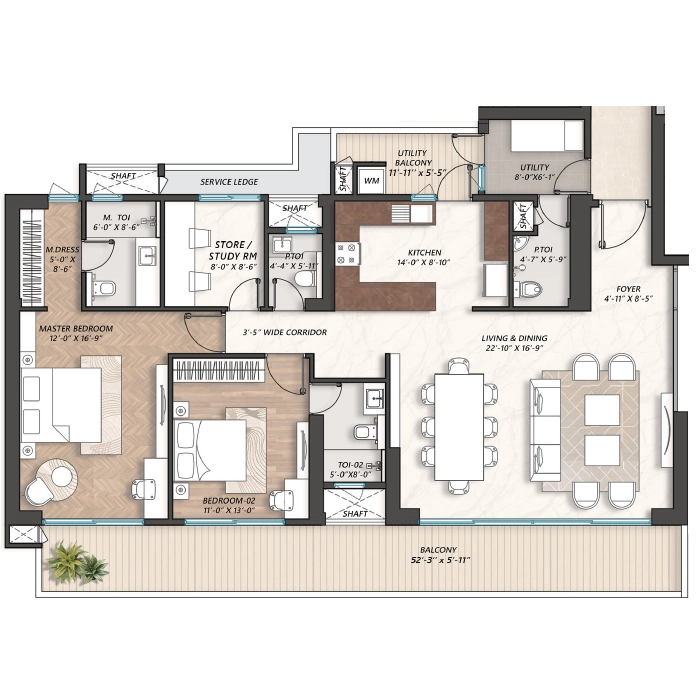 AIPL Riviera Floor Plan 3 BHK